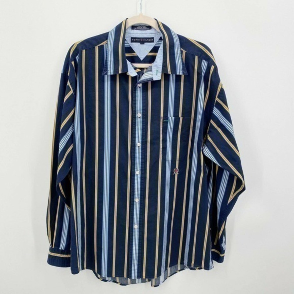 Vintage Tommy Hilfiger Y2K Striped Long Sleeve Button Down Shirt Lion Crest XL